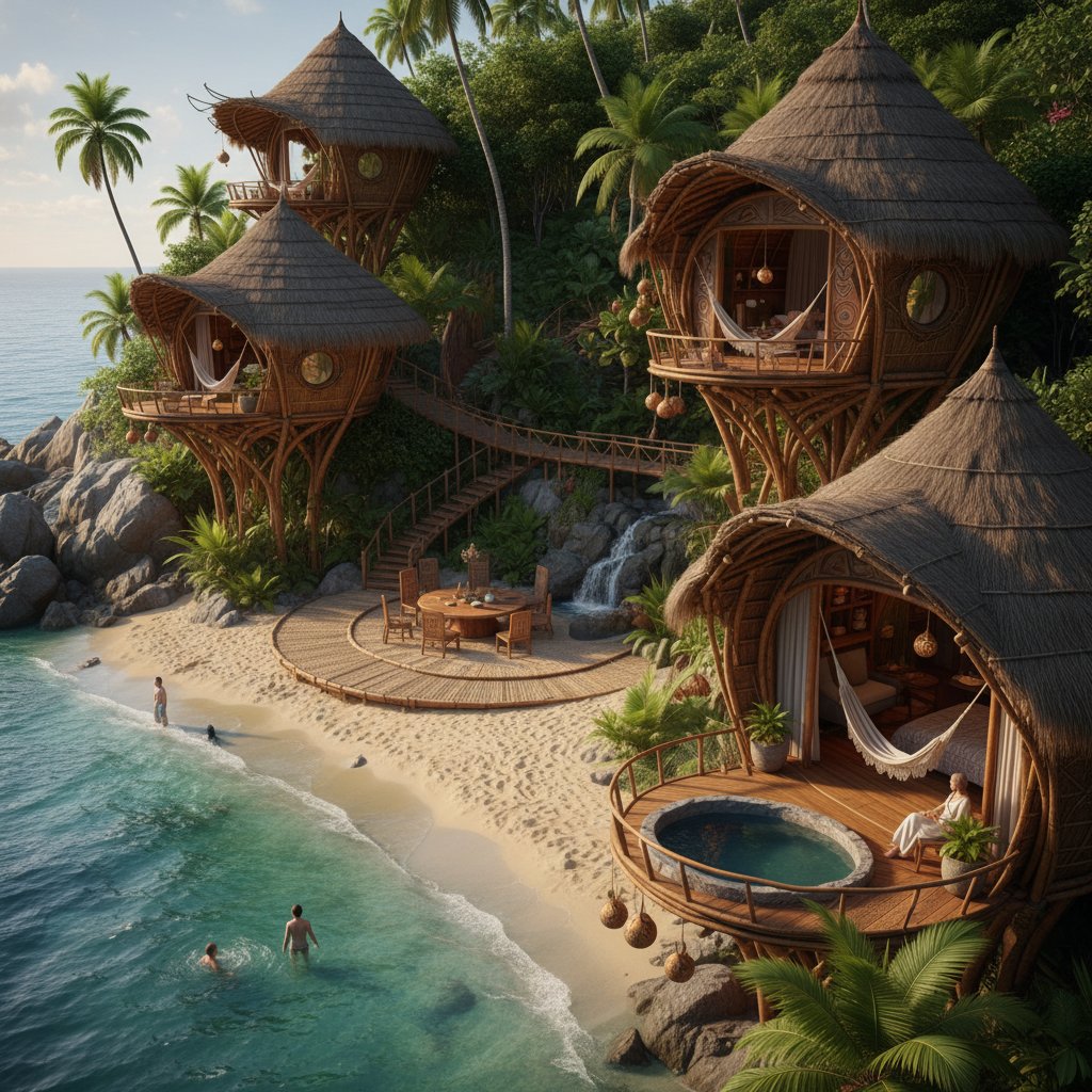 Hidden beach with unique local accommodation, rugged secluded landscape and quirky guesthouse