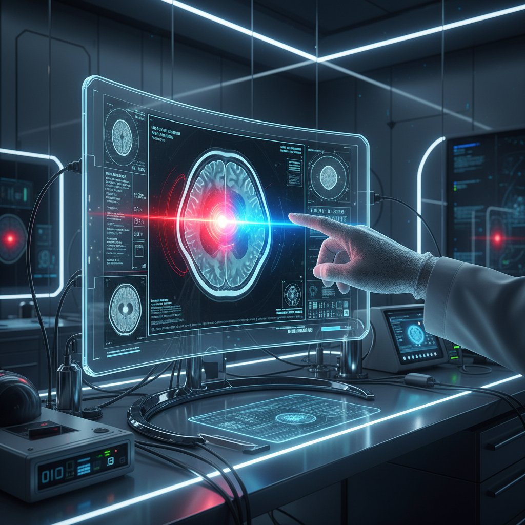 Radiolog analizujący skan MRI mózgu z widoczną zmianą na monitorze
