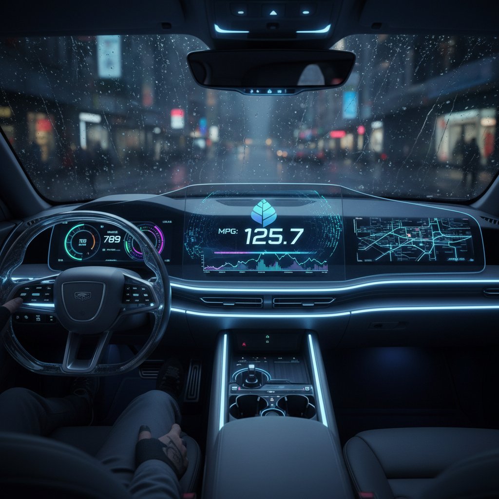 Modern car dashboard shows impressive MPG readout at night, highlighting high-tech fuel efficiency