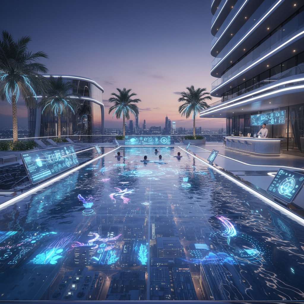 High-tech hotel pool with holographic displays, smart controls, and futuristic amenities