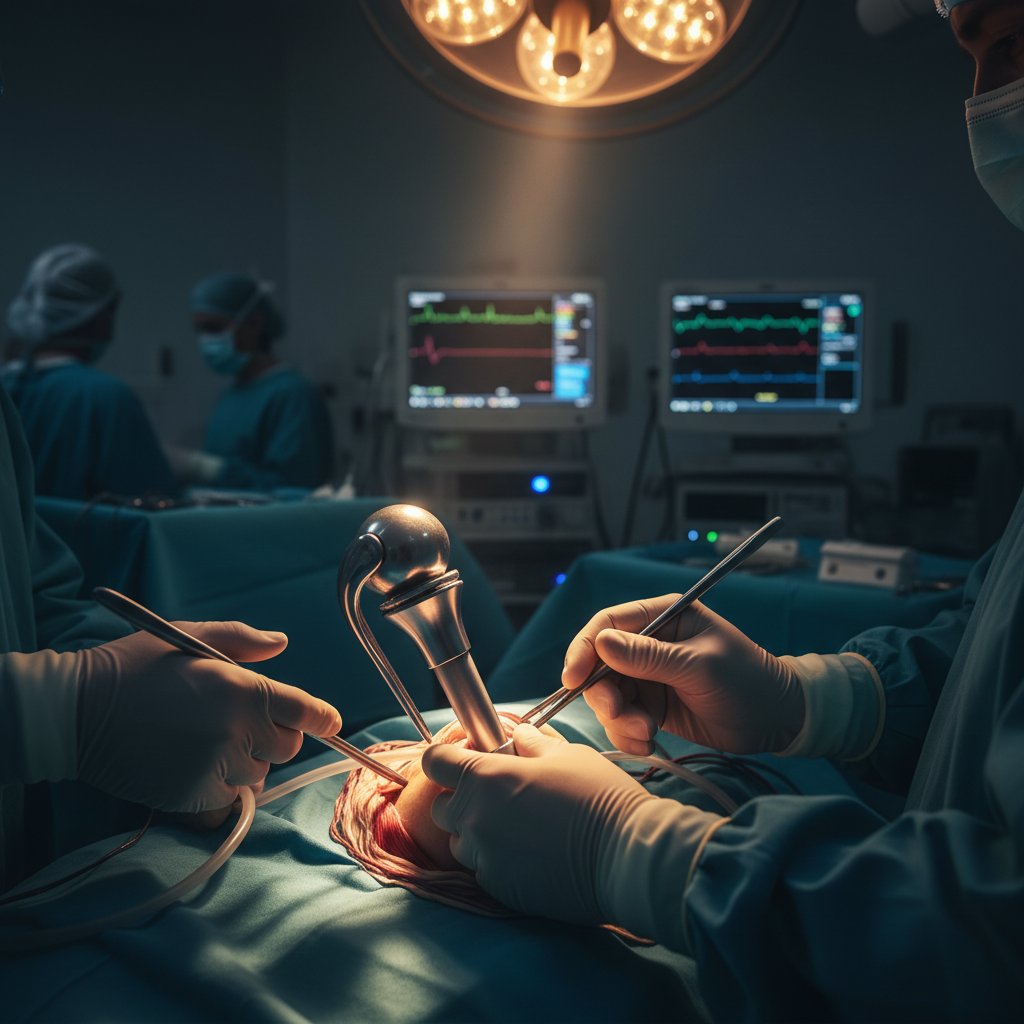 Model endoprotezy stawu biodrowego w rękach lekarza, sala operacyjna, dramatyczne światło