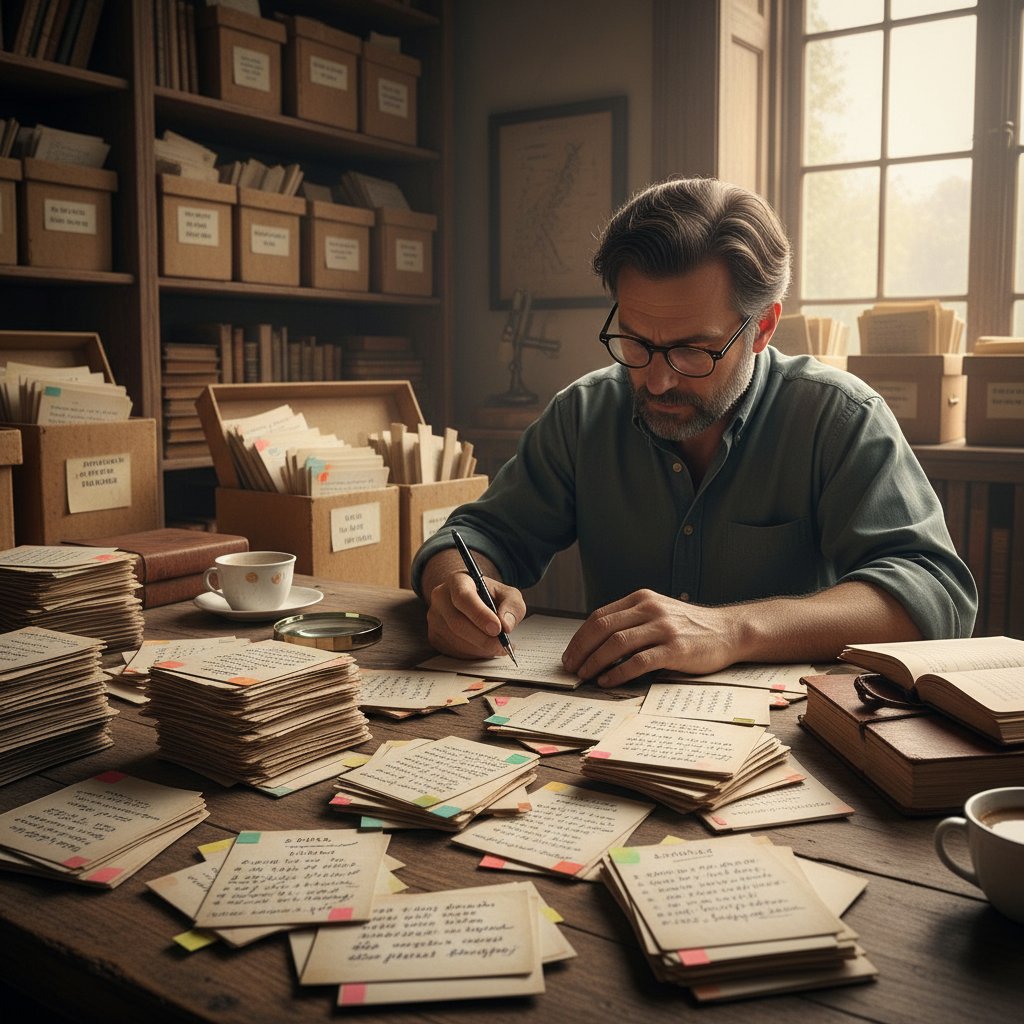 Historian reviewing old index cards and documents, symbolizing the evolution of summarization from manual methods to AI