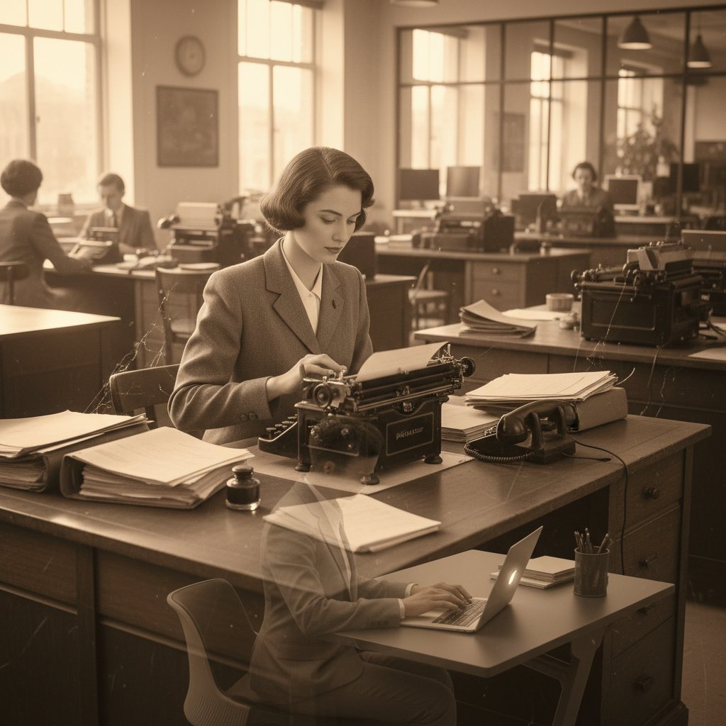 Historic admin employee using a typewriter in a bustling office, admin employee role evolution, workplace scene