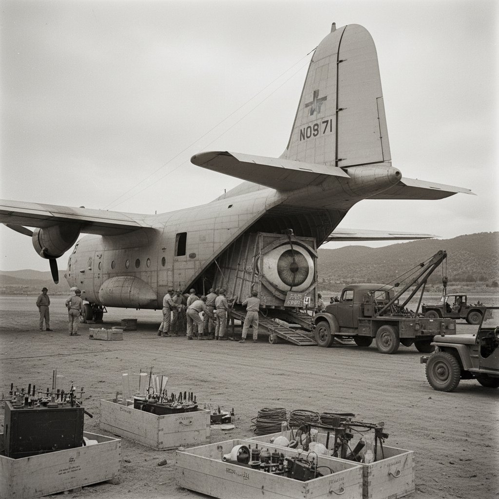 Historic cargo plane loading unusual freight in the 1950s