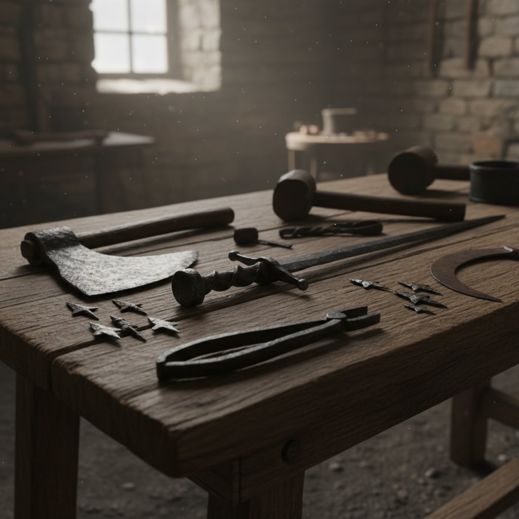 Starożytne narzędzia i broń z żelaza na drewnianym stole, symbol historii i tradycji