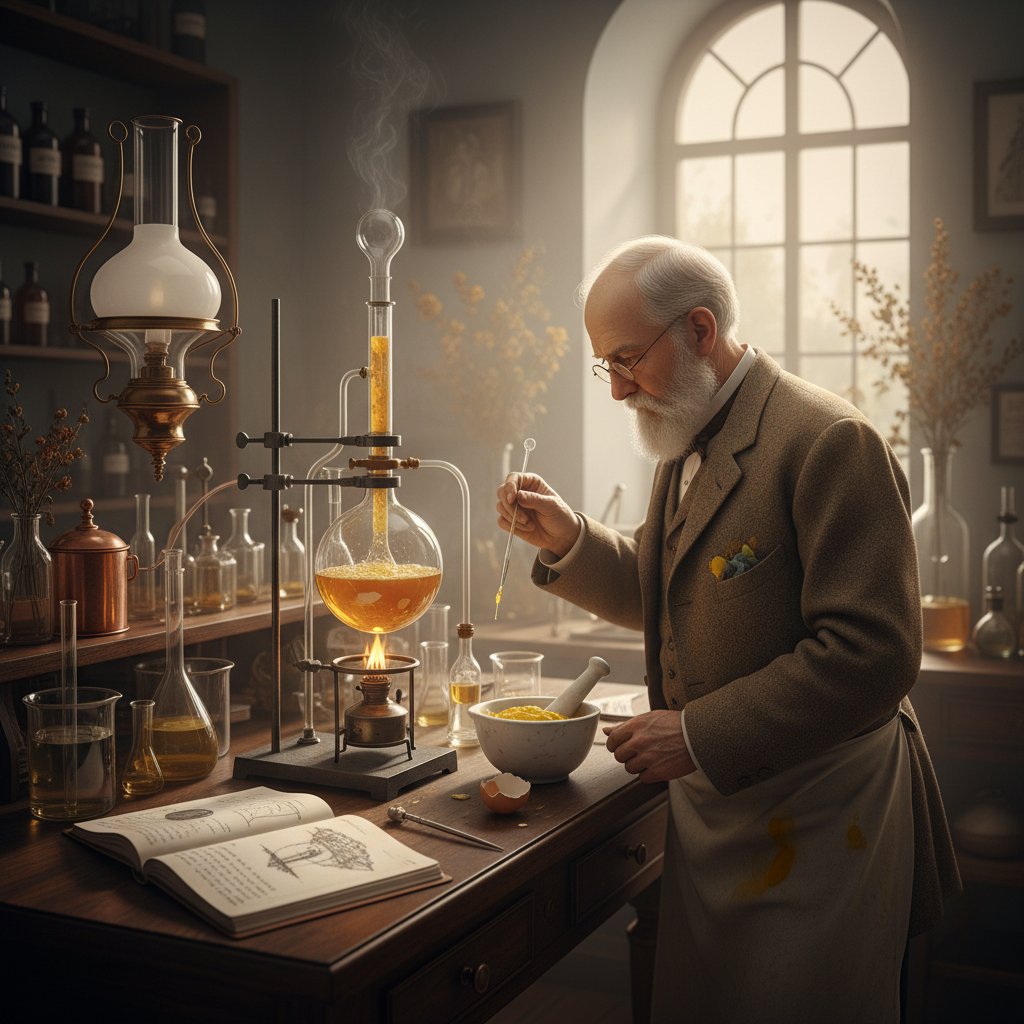 Stare laboratorium chemiczne z XIX wieku podczas izolacji lecytyny