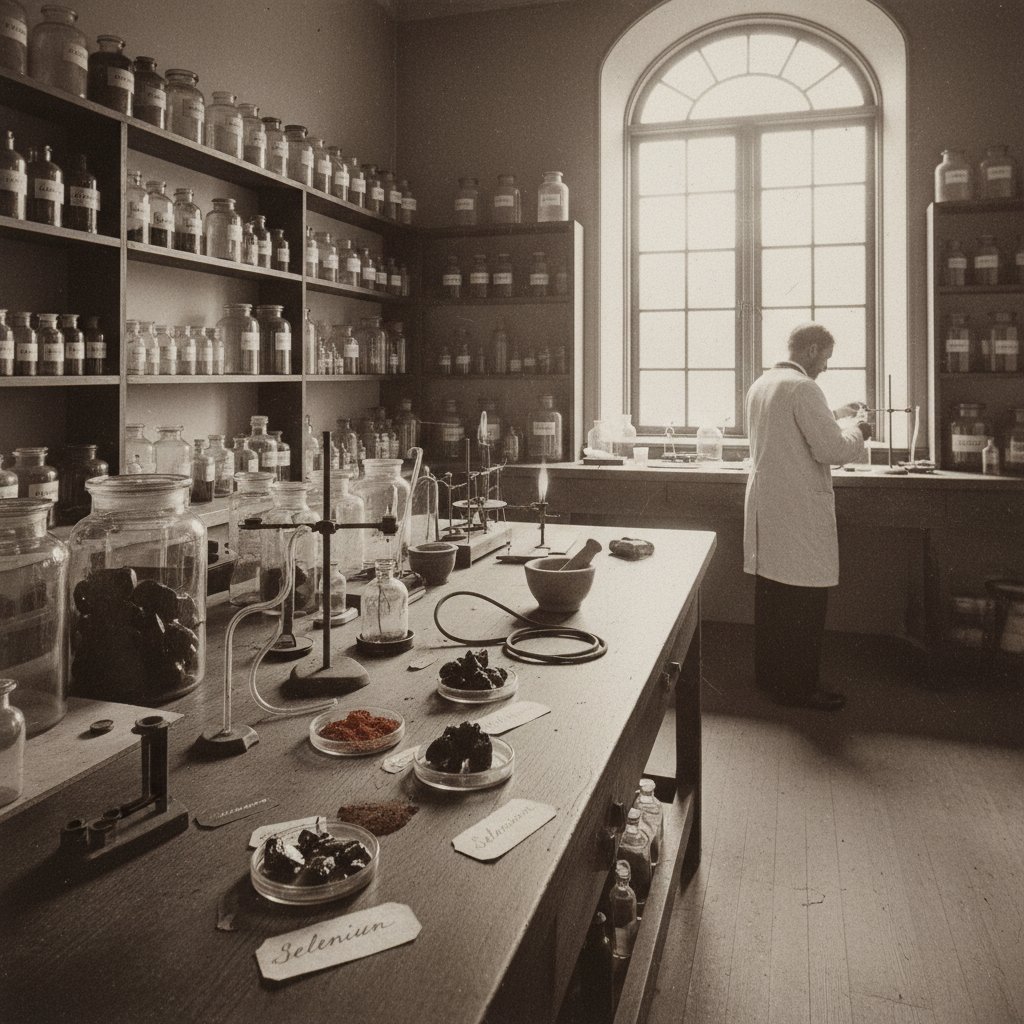 Historyczne laboratorium z próbkami selenu na ciemnym tle