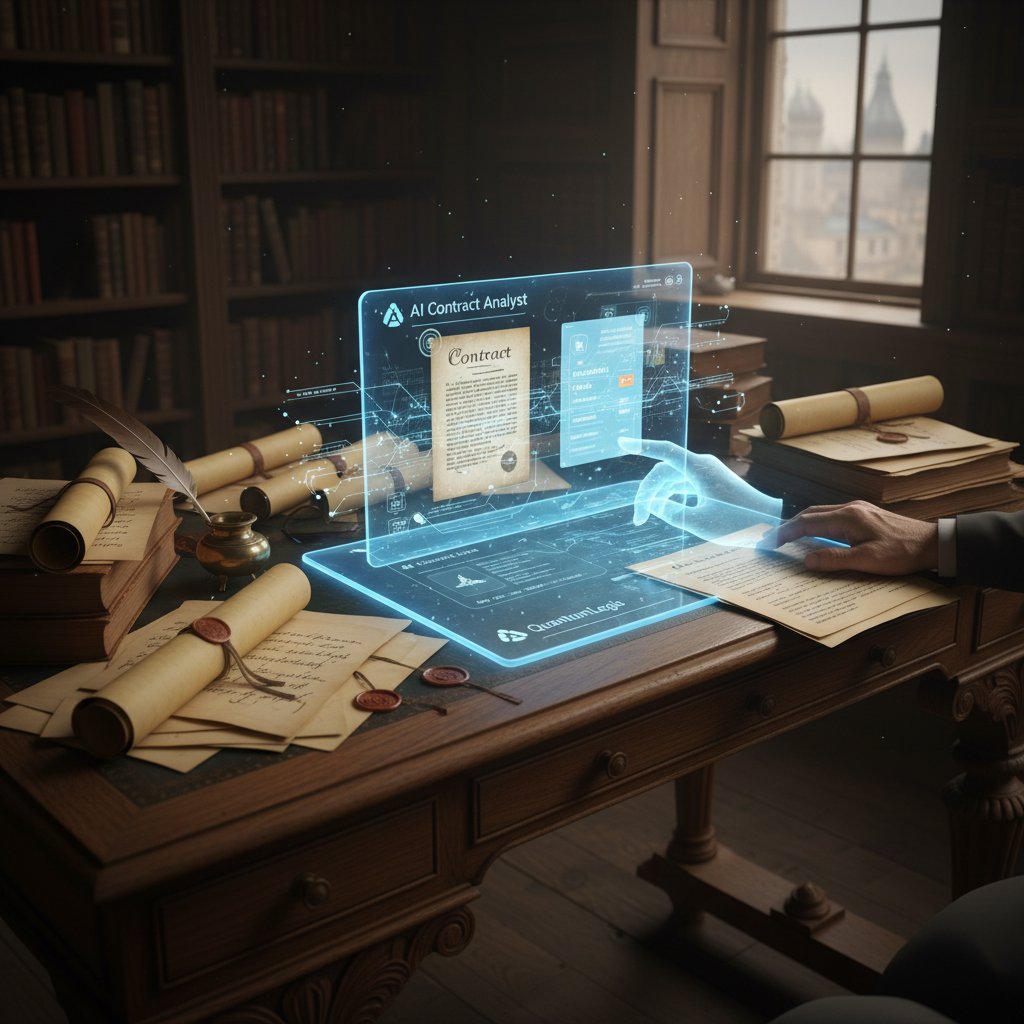Historical desk with old contract drafts alongside modern laptop showing AI contract tool
