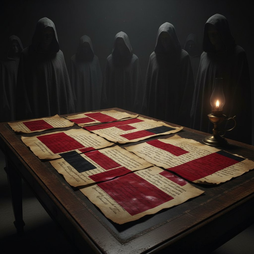 Historical montage of faded documents with redacted text and shadowy figures, editorial style