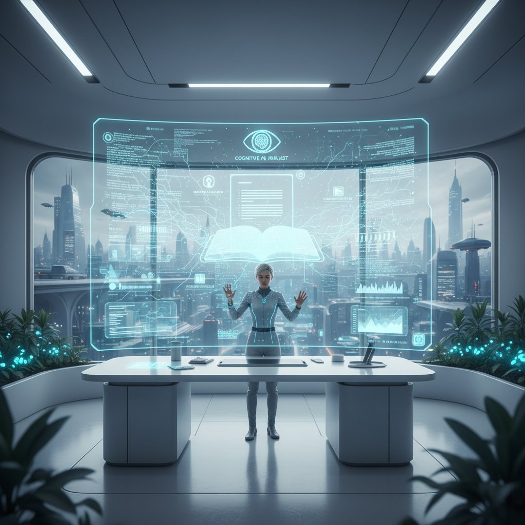 Futuristic editorial image of a holographic AI document analysis interface, symbolizing the next evolution of document summarizer for simplified workflow