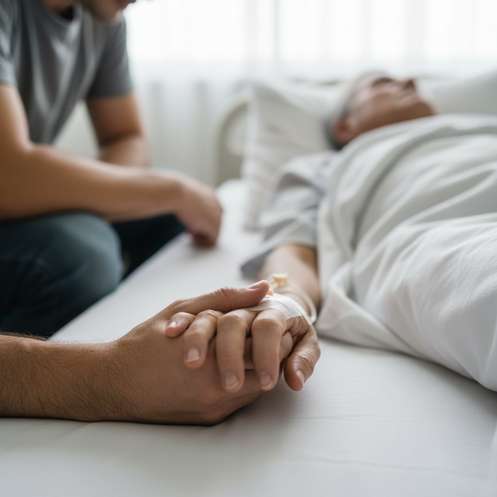 Chora osoba na łóżku szpitalnym, dłonie bliskiej osoby trzymają jej rękę
