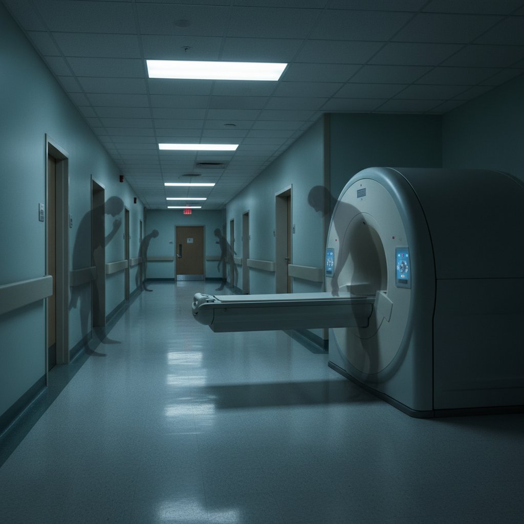 Osoba patrząca na wyniki rezonansu mózgu w szpitalnym korytarzu, diagnostyka guza mózgu w Polsce