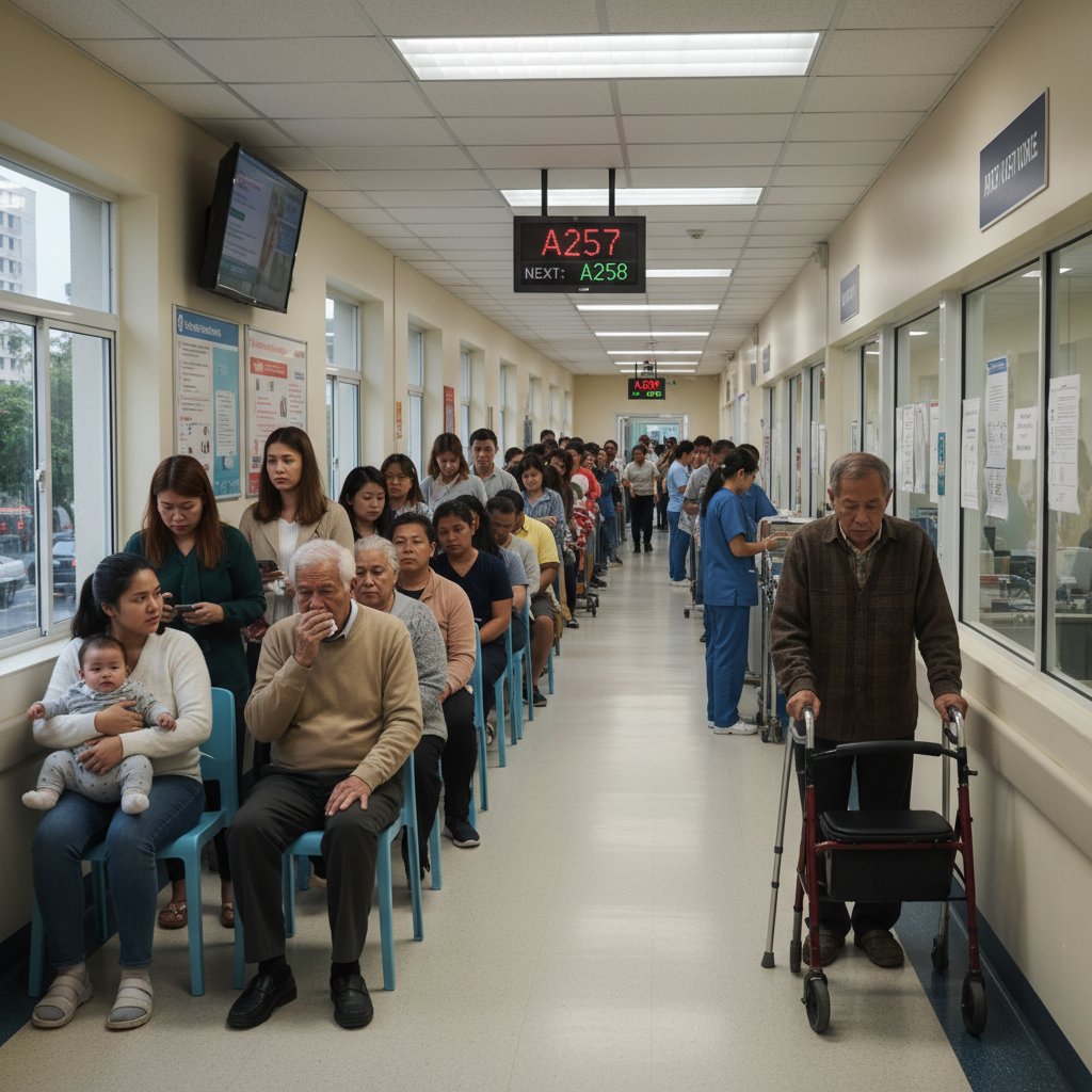 Szpital powiatowy – kolejka pacjentów czekających na korytarzu, surowe światło