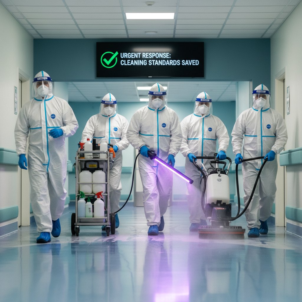 Hospital staff in full PPE responding urgently to a near-miss infection outbreak thanks to cleaning standards