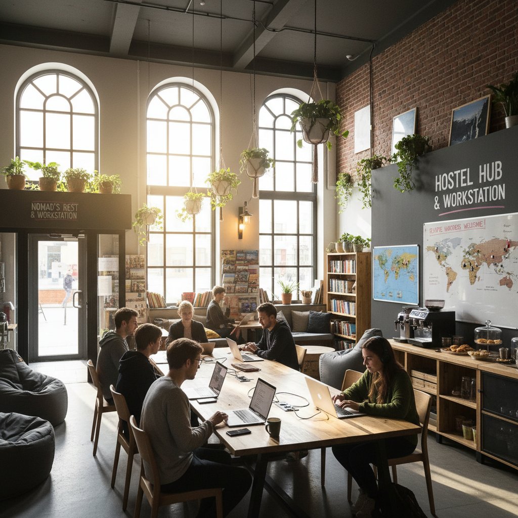 Digital nomad pracujący w strefie coworkingowej hostelu, hostel jelenia góra workspace