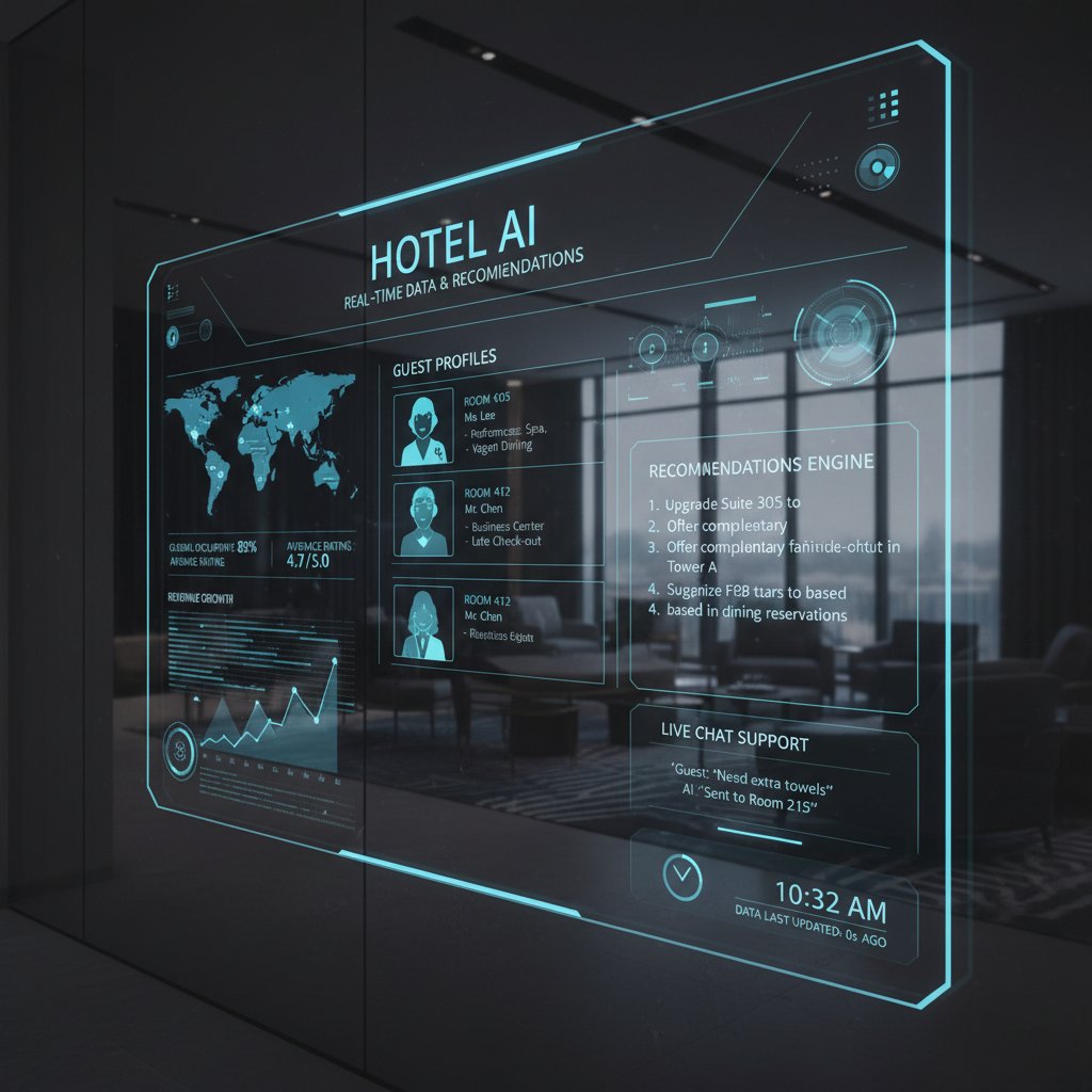 Hotel AI dashboard with real-time data streams, maps, and sentiment analysis charts visible on multiple screens in a control room
