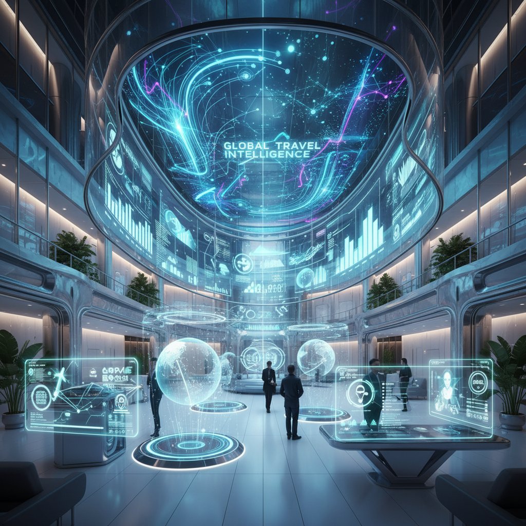 Moody hotel lobby with digital data overlays and a lone traveler, visualizing hotel booking with advanced analysis
