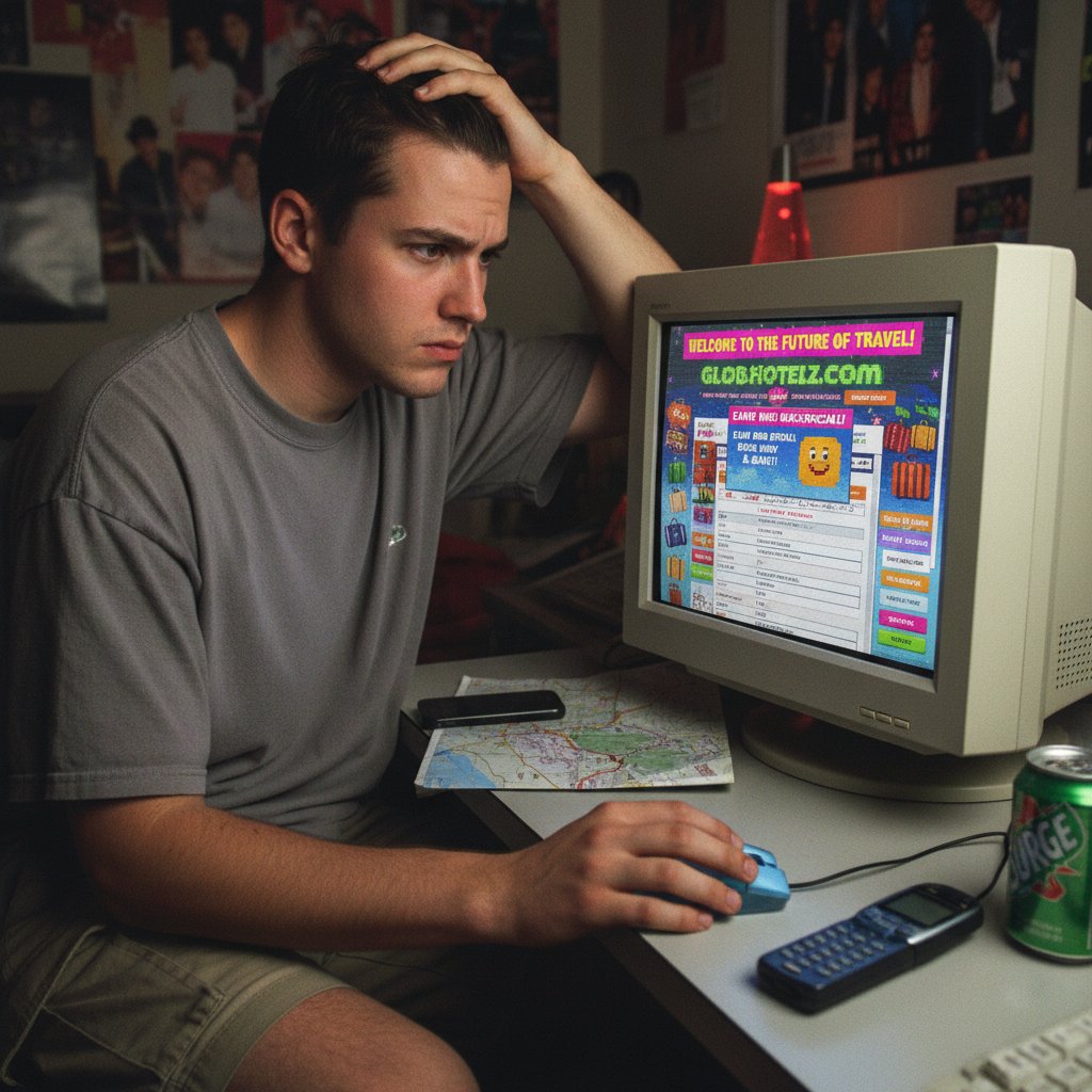 Confused traveler using clunky hotel booking website, highlighting challenges in early hotel booking user experience