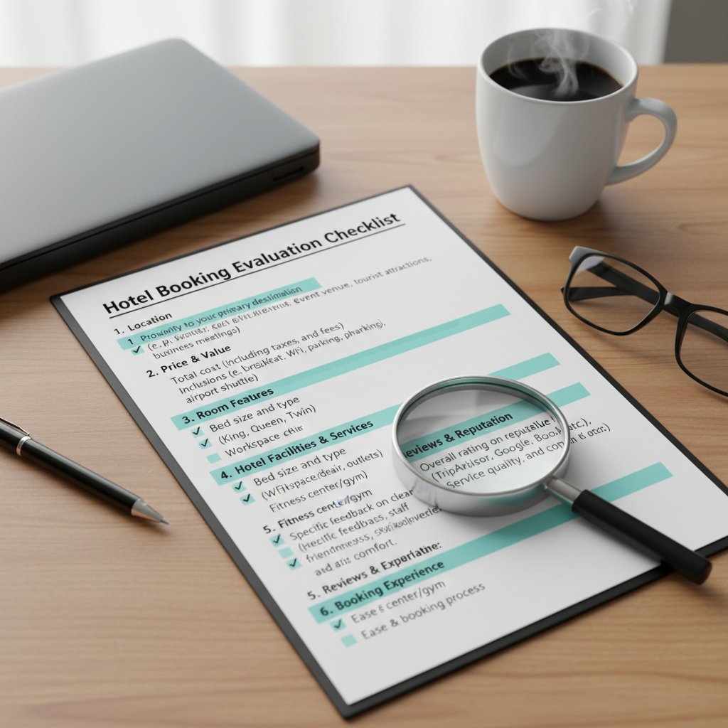 Hotel booking evaluation checklist: traveler using smartphone with criteria on screen
