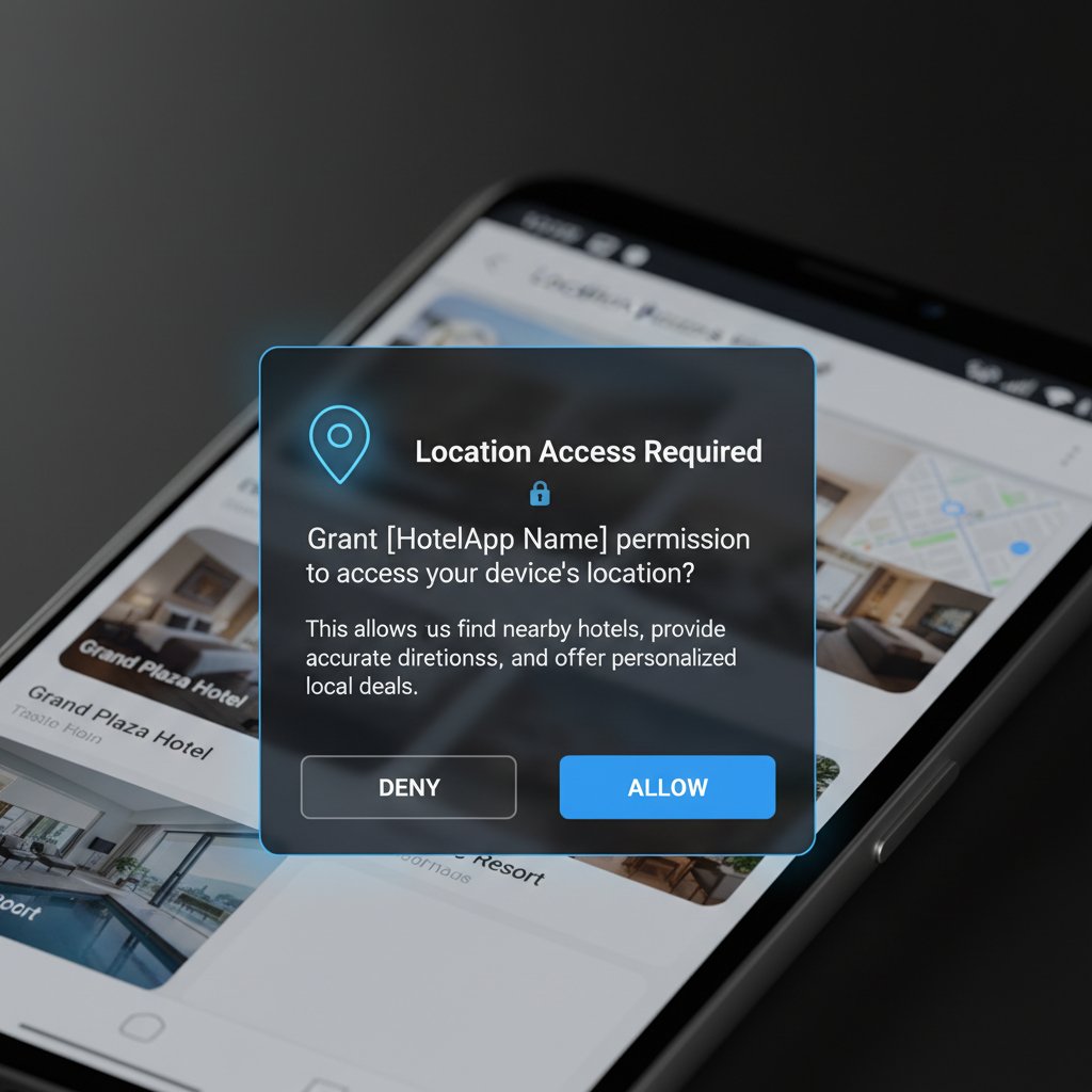Illustration of a traveler closely inspecting app permissions before booking a hotel on Android
