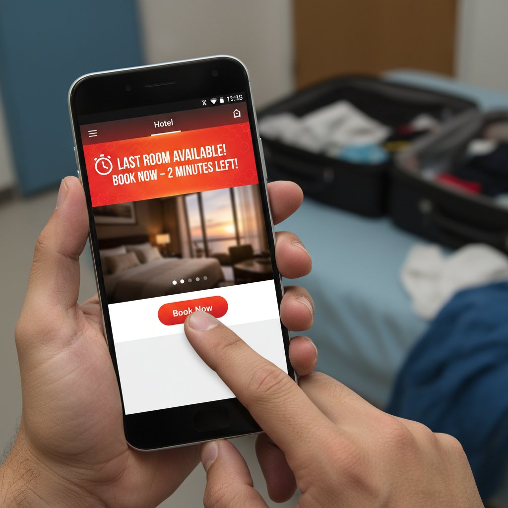 Person anxiously making a hotel booking on Android while facing urgency warnings