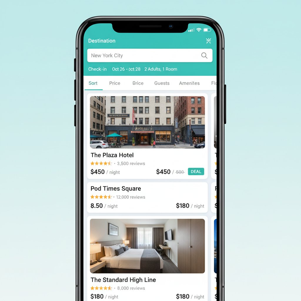 A side-by-side shot: a confused traveler holding a phone with aggregator, direct, and AI hotel booking apps open