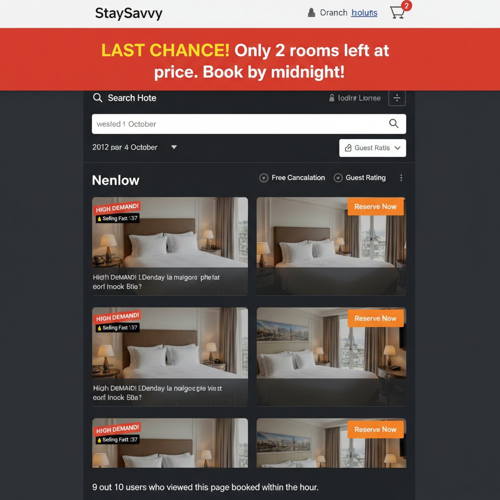 Manipulative hotel booking platform interface showing countdowns and urgency banners