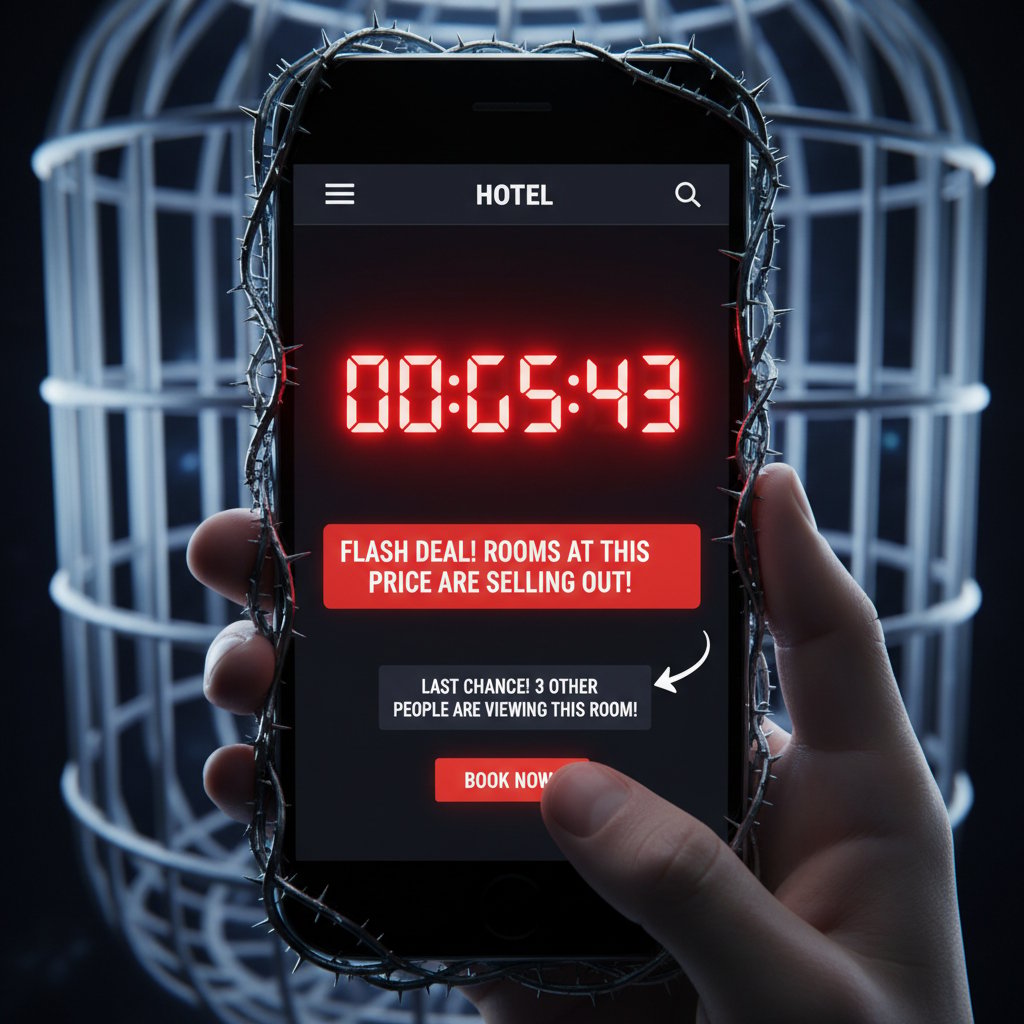 A close-up of a hotel booking site with flashing countdown timers and limited availability warnings