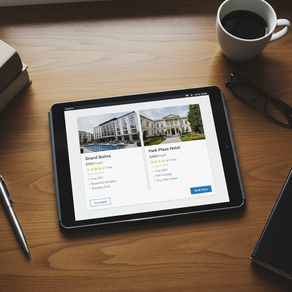 Traveler comparing hotel choices online.