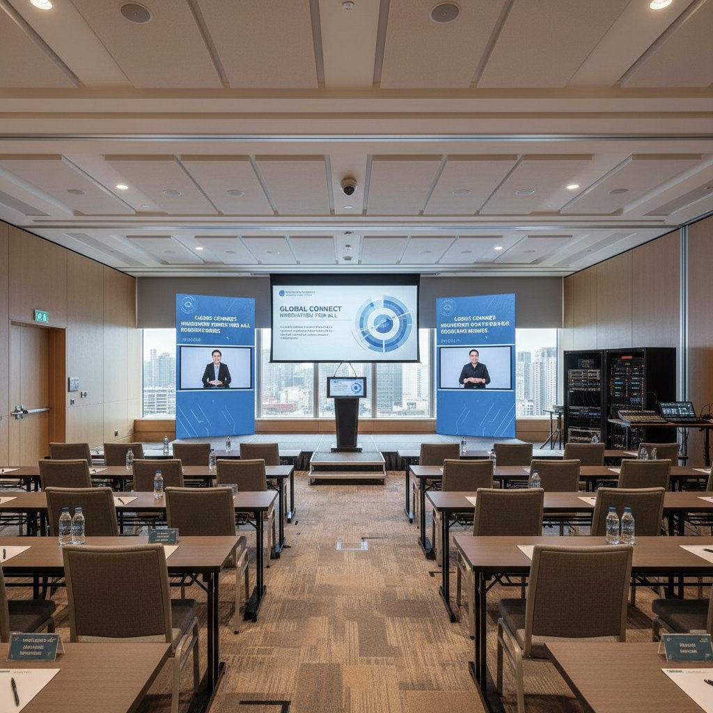 Hotel conference room with AV tech and accessibility features highlighted
