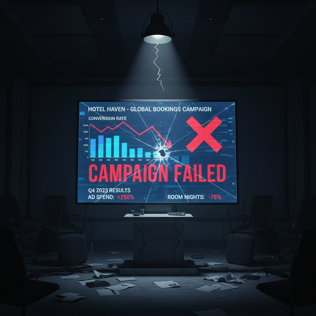 Hotel content marketer frustrated by failed campaign results, surrounded by analytics dashboards with poor metrics