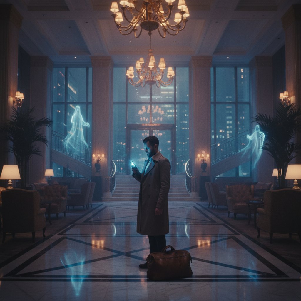 Moody hotel lobby at night with ghostlike figures symbolizing fake reviews, lone traveler with smartphone, cinematic style