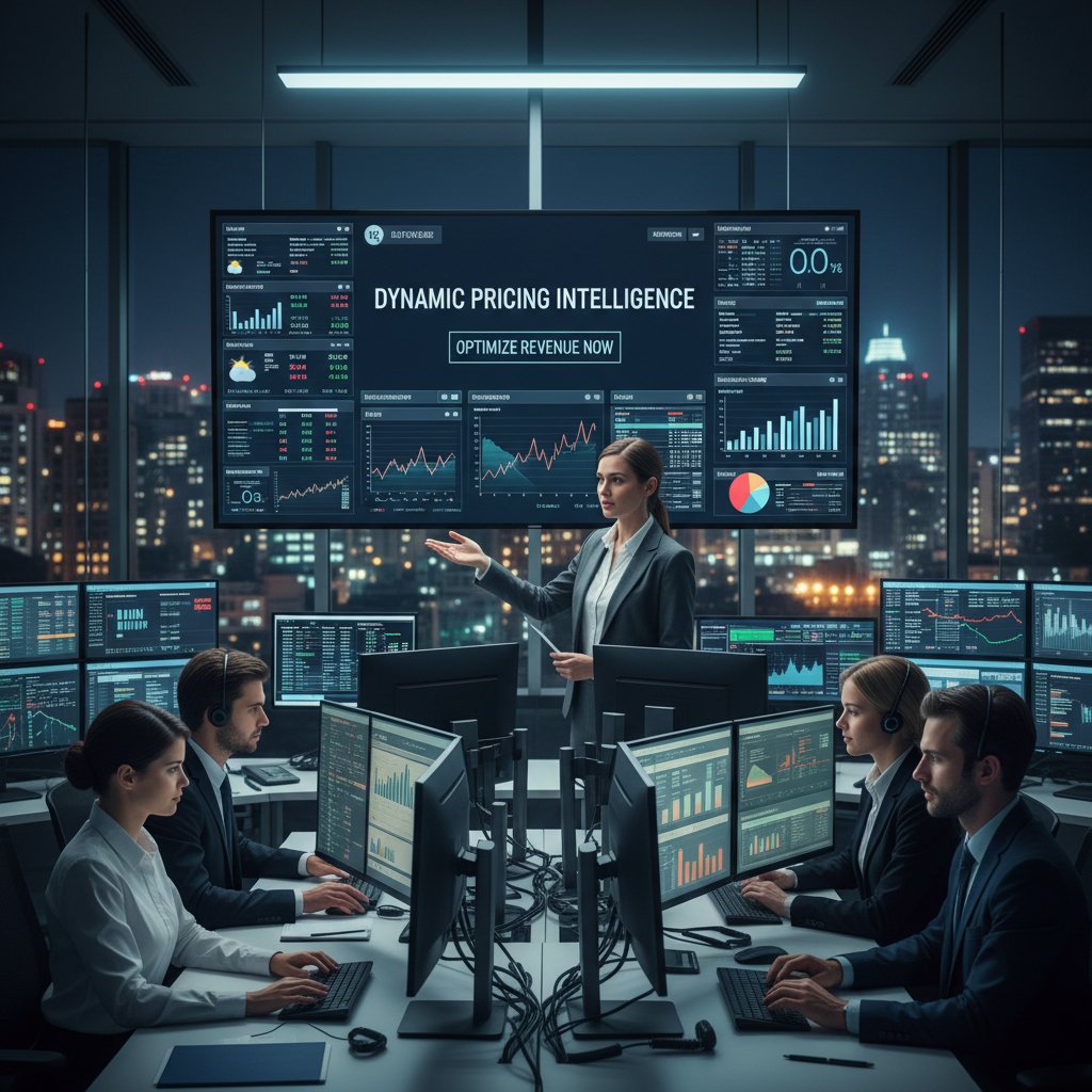 Hotel manager monitoring dynamic pricing algorithms in a control room with fluctuating price screens, affordable hotels fast