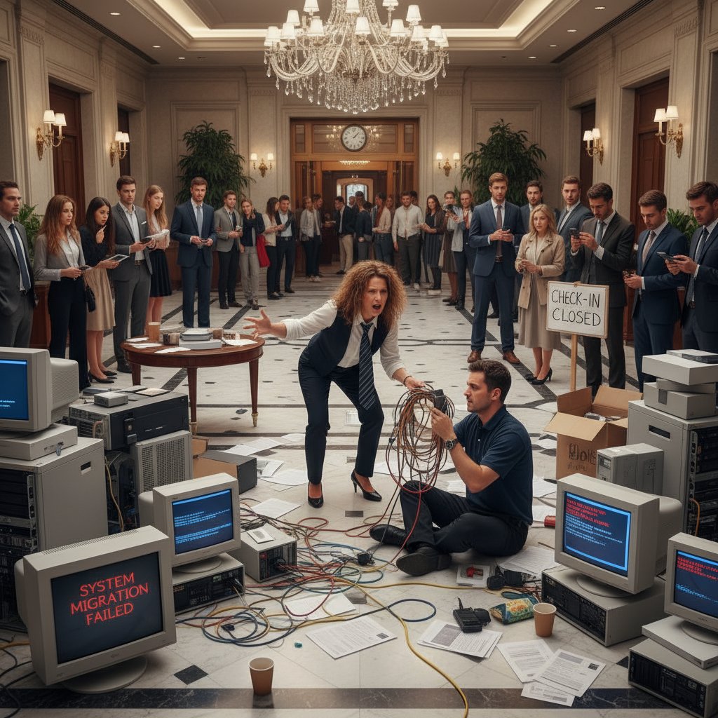 A stressed hotel manager overseeing staff as they handle laptops and paperwork during a chaotic system migration