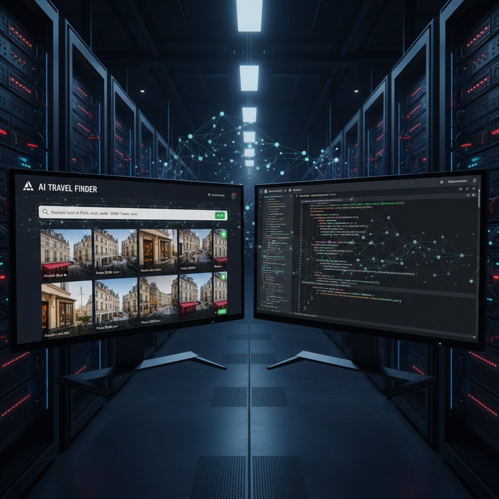 Rows of servers and code, representing AI powering hotel price comparison tool