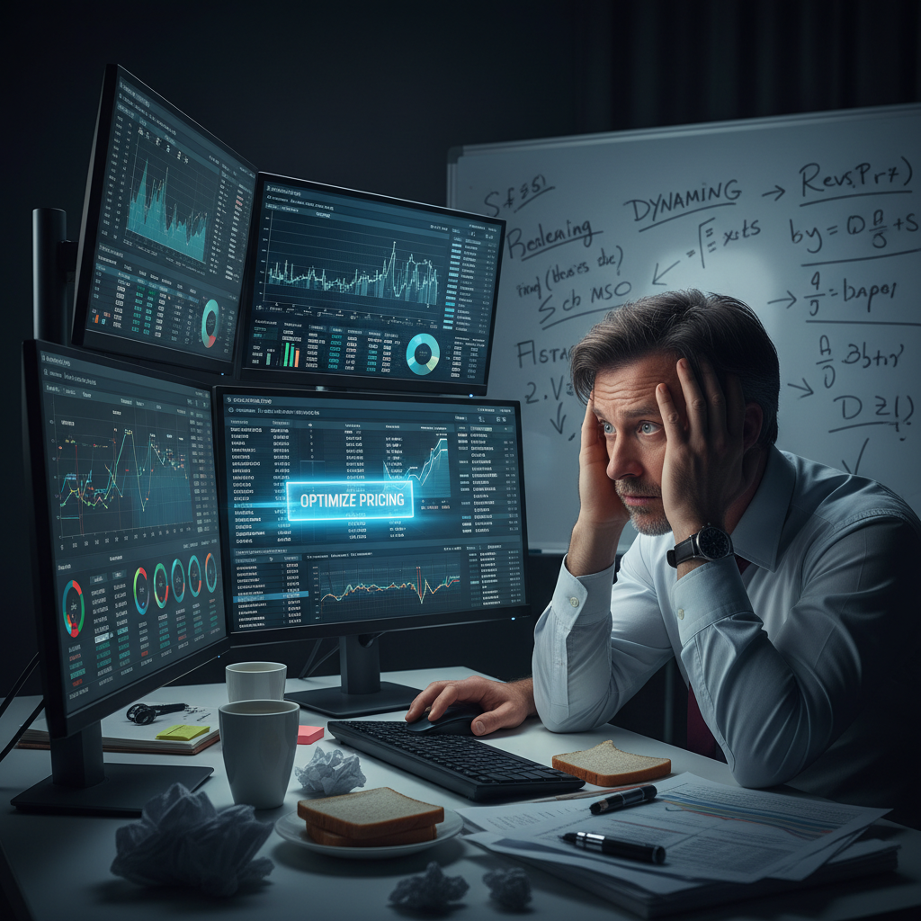Hotel manager under pressure over pricing decisions in a modern hotel office