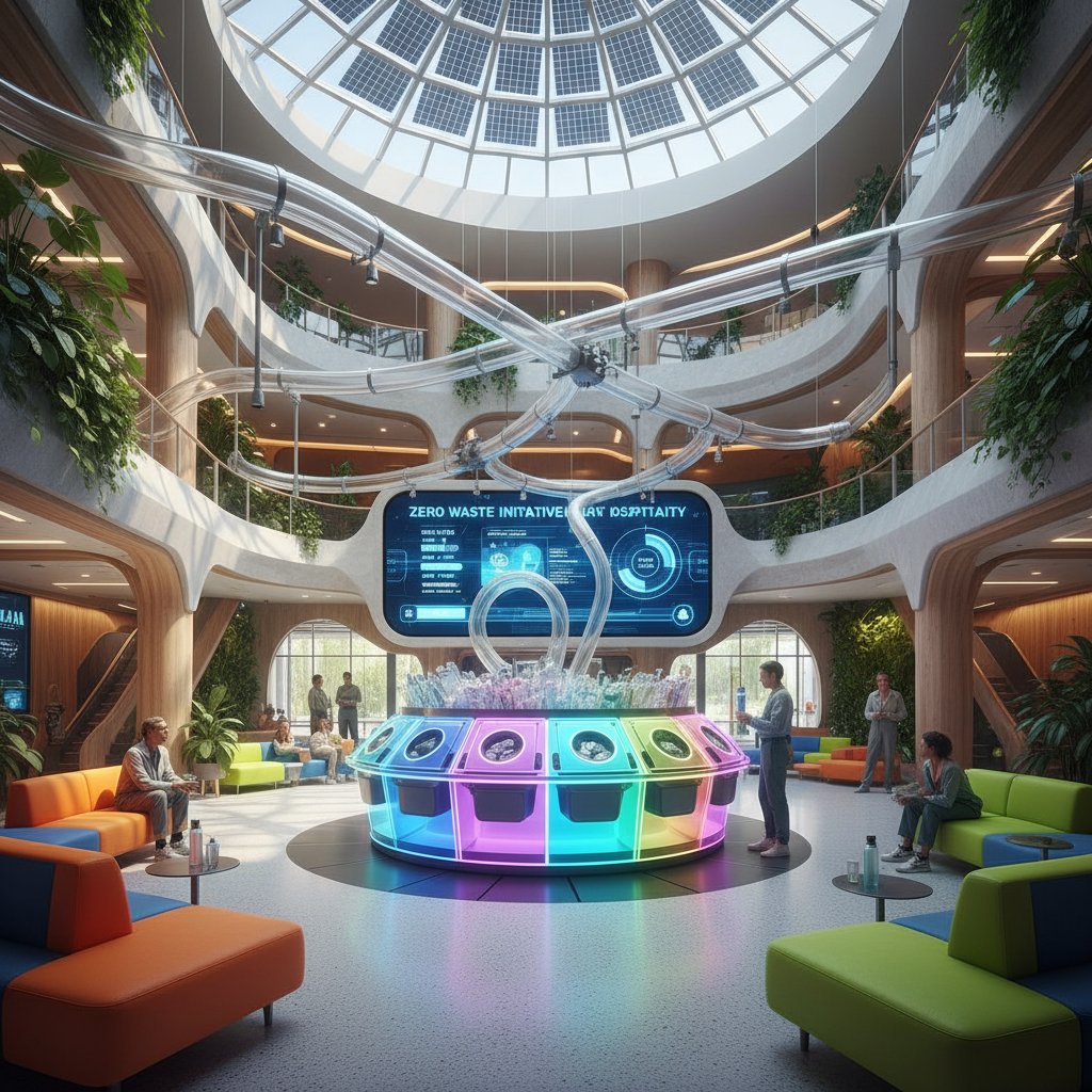Concept art of a fully sustainable hotel in 2030, illustrating the future of hotel recycling programs