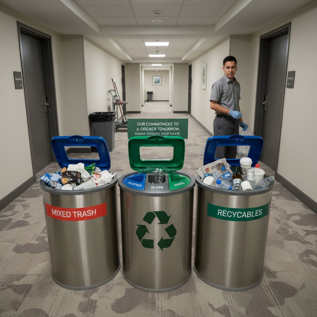 Hotel recycling bin containing both recyclables and landfill waste, symbolizing hotel recycling program failures