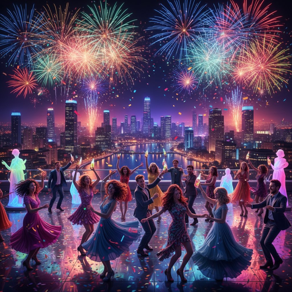 Hotel rooftop with guests dancing under fireworks and urban skyline on New Year’s Eve
