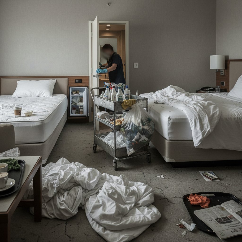 Hotel room being cleaned, showing half-finished state and gritty reality of hospitality cleaning standards