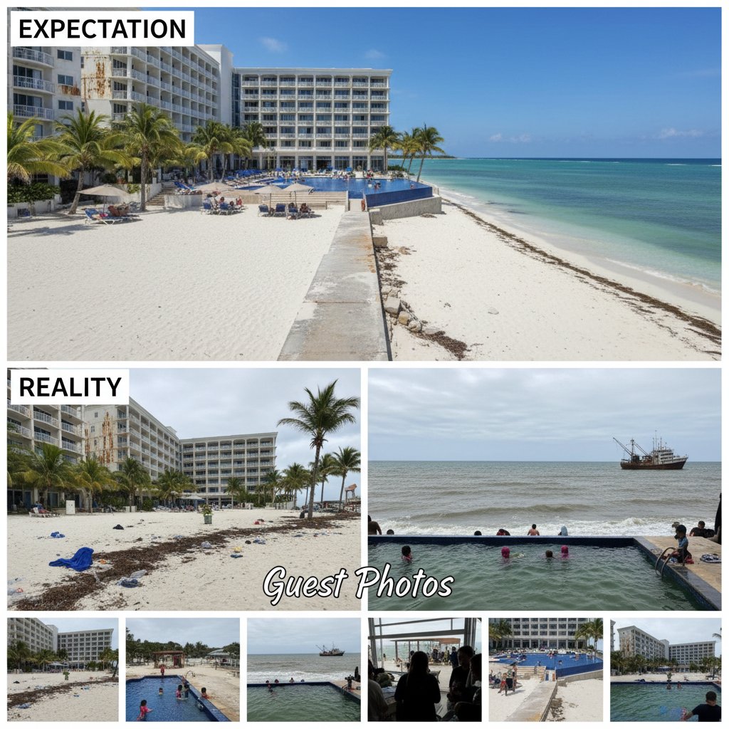 Collage comparing staged beach hotel images to real guest photos, expectation vs. reality for hotels near beach