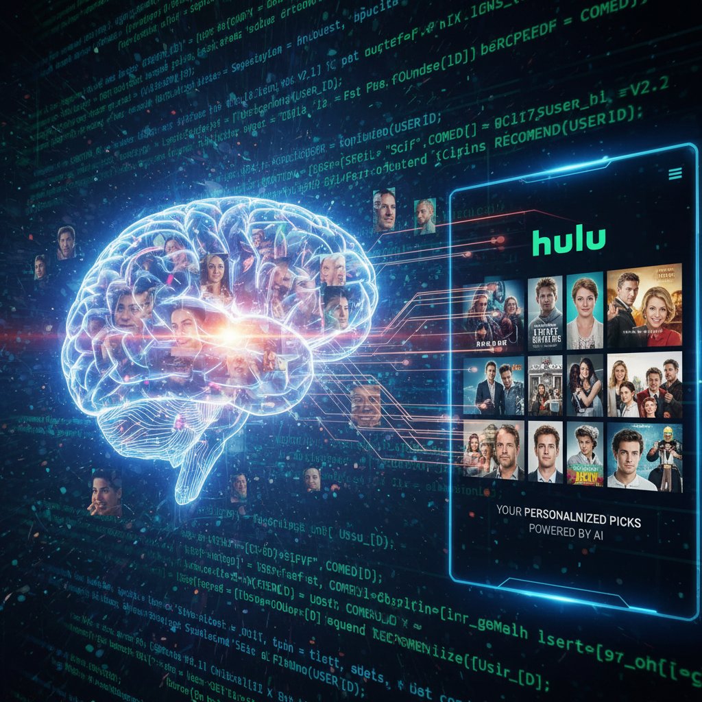 Representation of Hulu's movie recommendation system with human and AI elements: code overlays, faces, dynamic interface