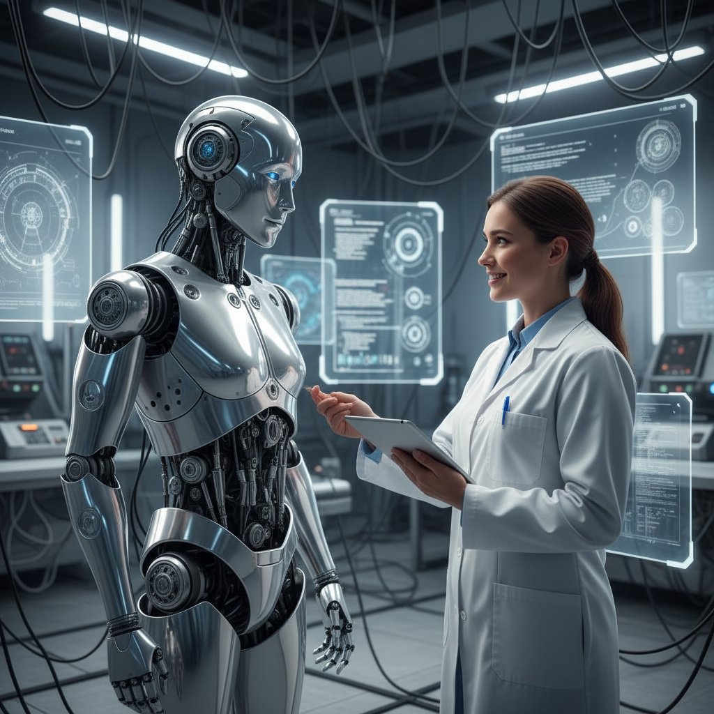 Człowiek i humanoid wchodzący w interakcję, obraz relacji człowiek-AI