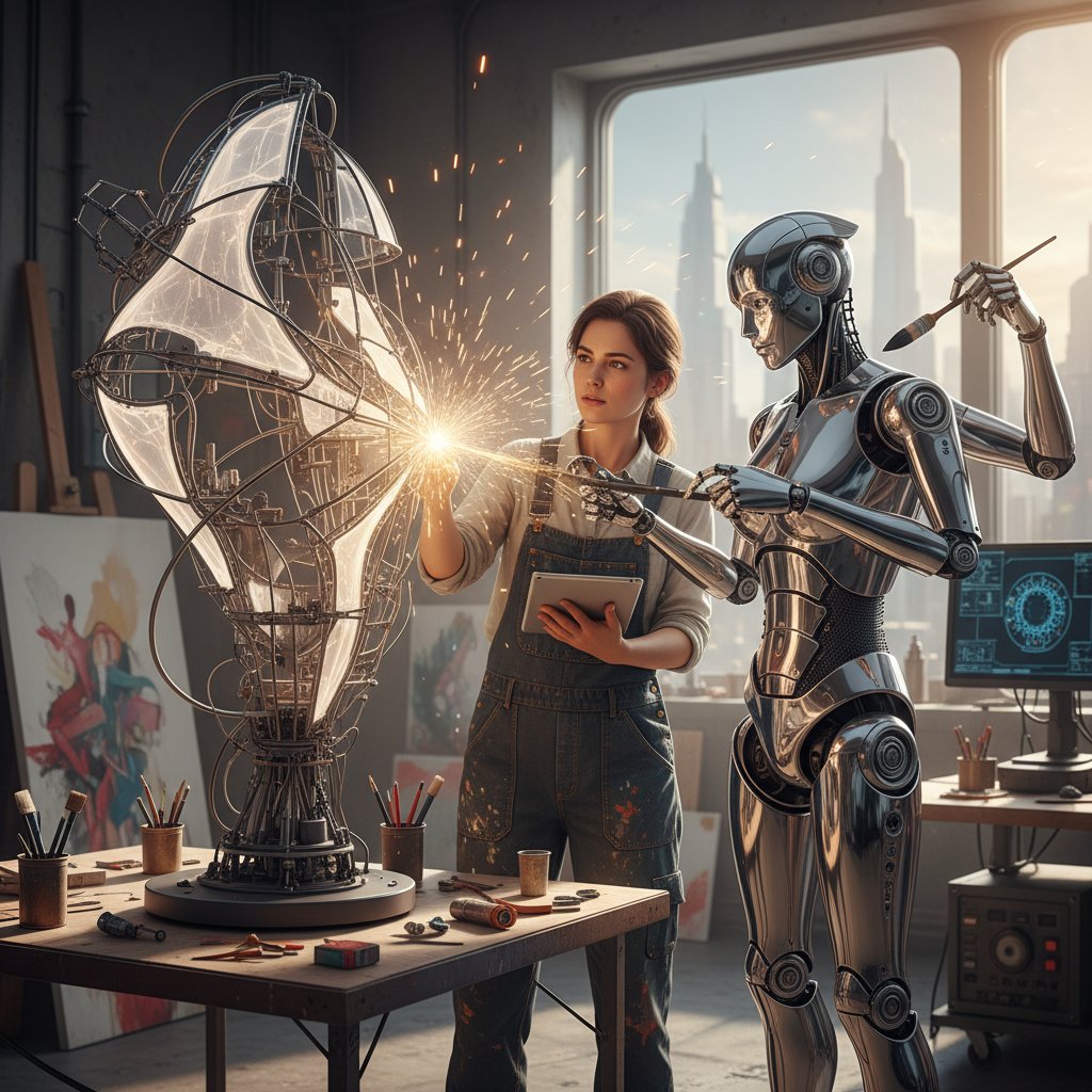 Człowiek i robot współpracujący nad kreatywnym projektem
