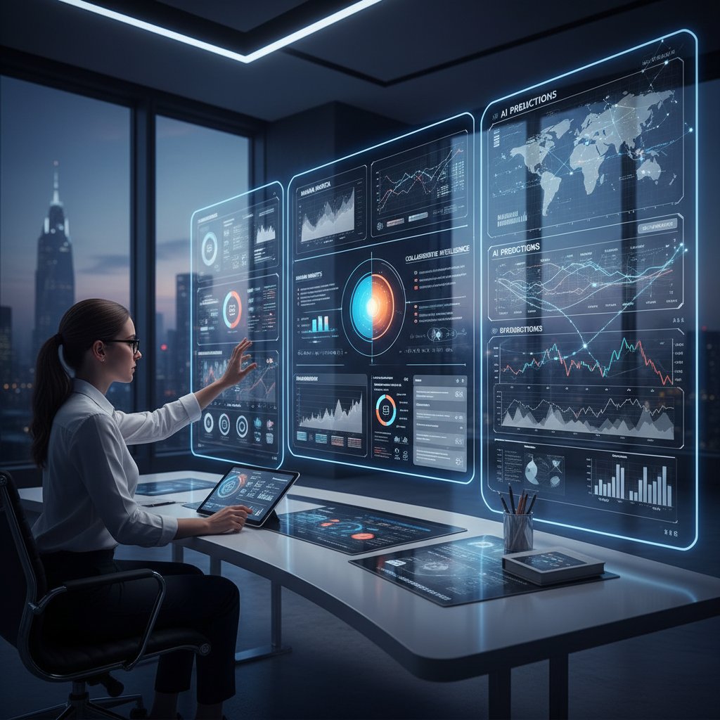Analyst and AI dashboard side-by-side, collaborative mood, 16:9