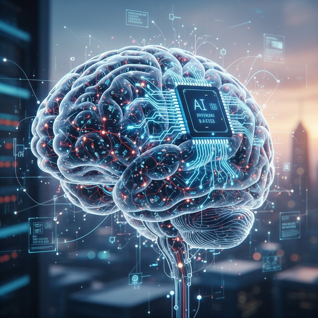Collaboration of human brain and AI chip, symbolizing partnership in AI-driven strategic market insights
