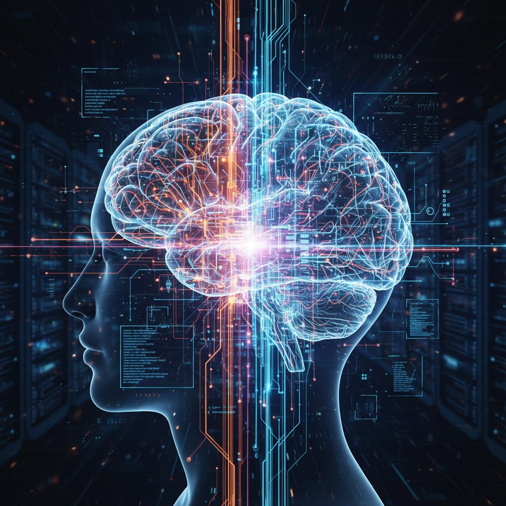 Symbolic image of human brain entangled with machine learning circuits. Alt text: Human brain merged with AI circuits, symbolizing human-AI collaboration.