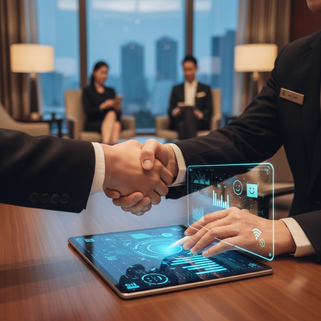 Human and digital collaboration in hotel experience—hands shaking across a digital tablet, symbolizing hotel guest experience technology