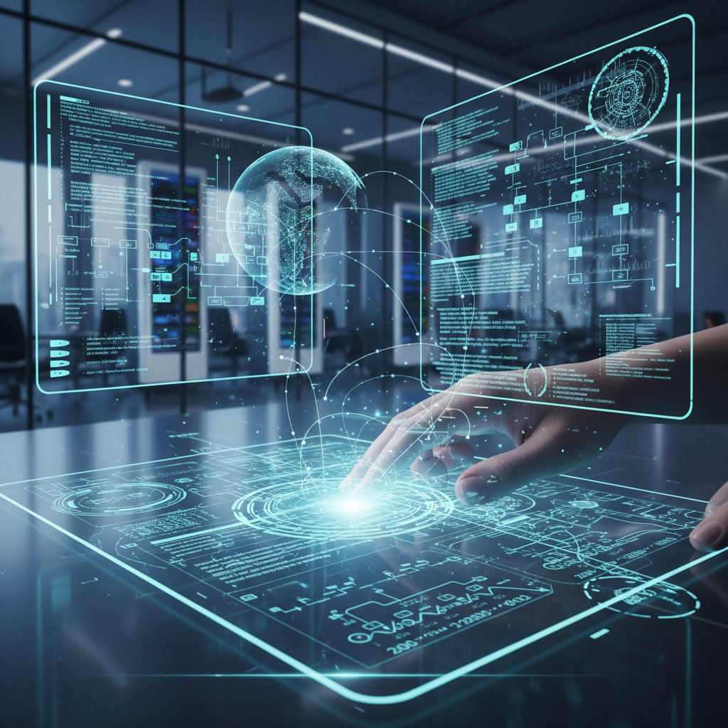 Human hand and digital hand collaborating over document, bright futuristic setting, document digitization optimization