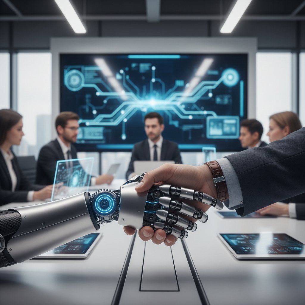 Collaboration between humans and AI in the workplace, symbolic handshake between human and robotic hand, digital workspace background